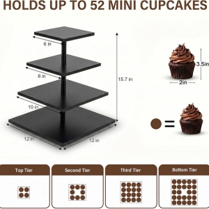 Square Black 4 Tier Cupcake Stand for 50 Cupcakes,Cupcake Holder,Cupcake Tower,Tiered Tray Stand for Birthday Bar Décor Weddings,Parties Events, Dark Brown