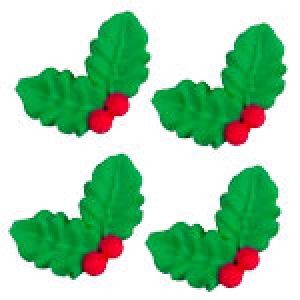 Tiny Double Holly Leaf with Berries 1/2 inch-5/8 inch Royal Icing 6 count