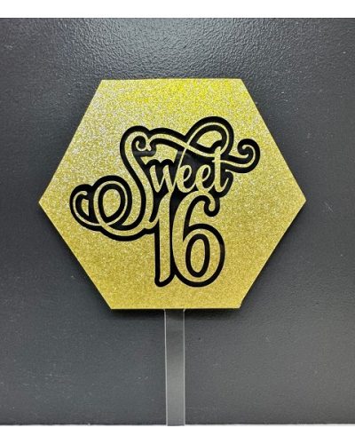 Sweet 16 Gold Glitter Hexagon Acrylic Cake Topper each