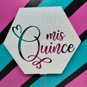 Mis Quince White Glitter Hexagon Acrylic Cake Topper each