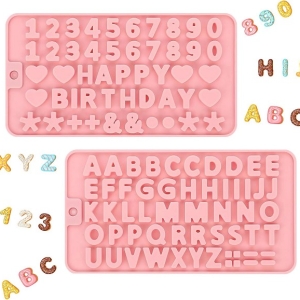 2PCS Silicone Molds for Chocolate,Number Letter Molds,Reusable Candy Molds with Happy Birthday Decorating Symbols,Mini Size Alphabet Decorating for Birthday Cake Lollipop Fondant Chocolate (Pink) Set